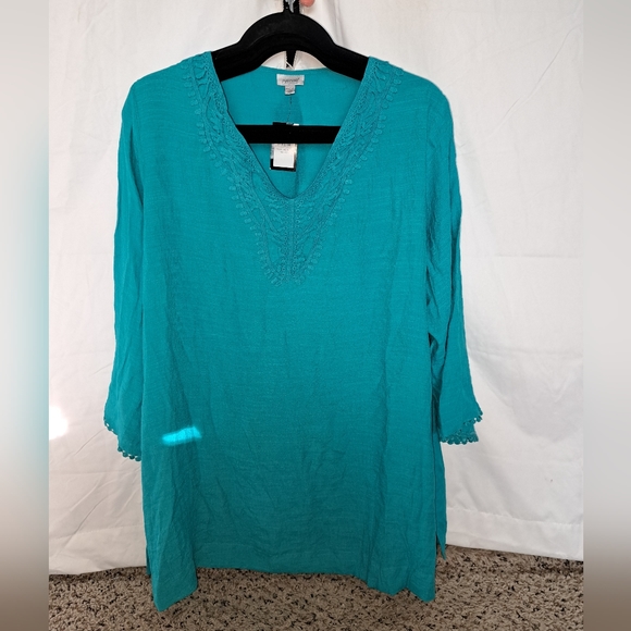 Avenue plus size 22/24 aqua crochet trim tunic - Picture 3 of 14